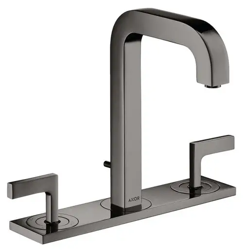 Waschtischarmatur mit zwei Hebelgriffen und hohem Auslauf, montiert auf einer flachen Basis. Ausführung in Polished Black Chrome, markiert mit "AXOR".